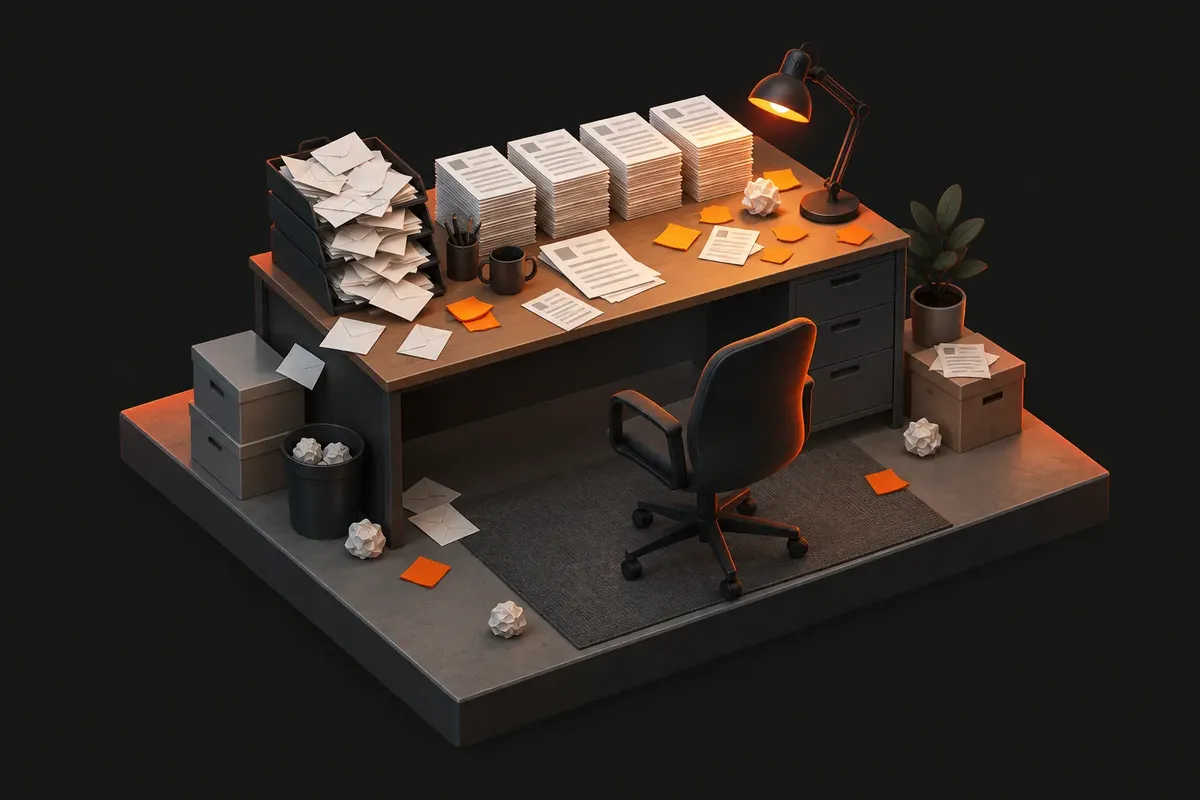 Illustration of an overloaded office desk with an overflowing inbox tray, the same form copied into several stacks and scattered sticky notes