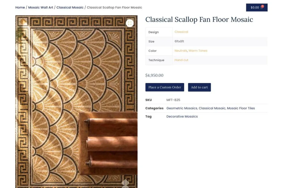 Screenshot of the Classical Scallop Fan Floor Mosaic product page on mecartworks.com, with the mosaic photo, design, size, color and technique attributes, price, categories and tag